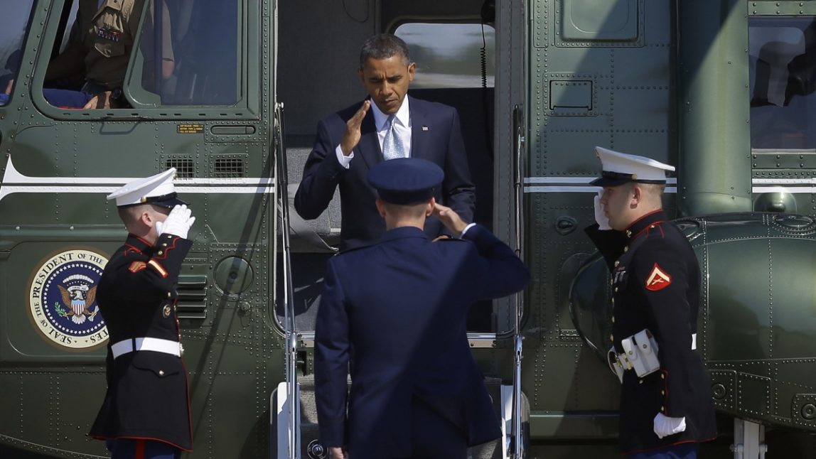 President Barack Obama steps off Marine One helicopter before his departure from Andrews Air Force Base, Sunday, Sept., 30, 2012. (AP Photo/Pablo Martinez Monsivais)