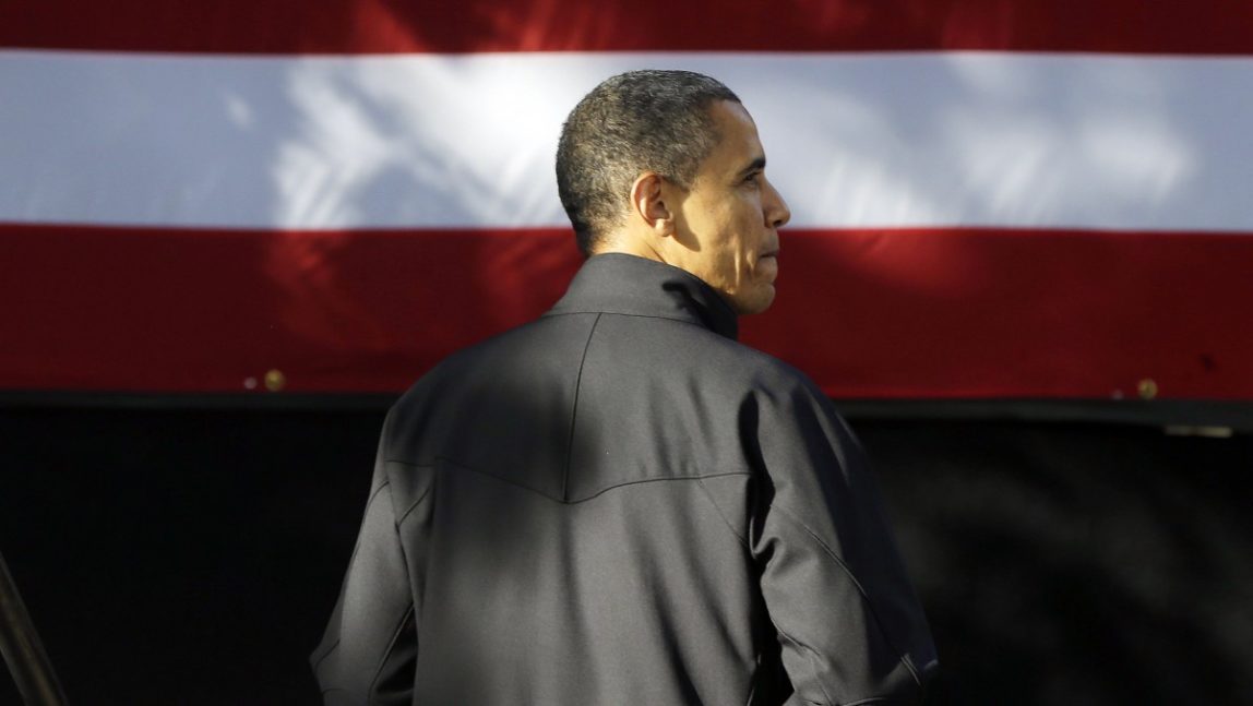 President Barack Obama looks over to a group of supporters after walking off stage at a campaign event at the University of Wisconsin-Madison, Thursday, Oct. 4, 2012, in Madison, Wis. (AP Photo/Pablo Martinez Monsivais)