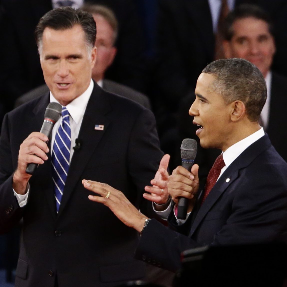President Barack Obama and Republican presidential candidate and former Massachusetts Gov. Mitt Romney speak during the second presidential debate at Hofstra University in Hempstead, N.Y., Tuesday, Oct. 16, 2012. (AP Photo/Charles Dharapak)