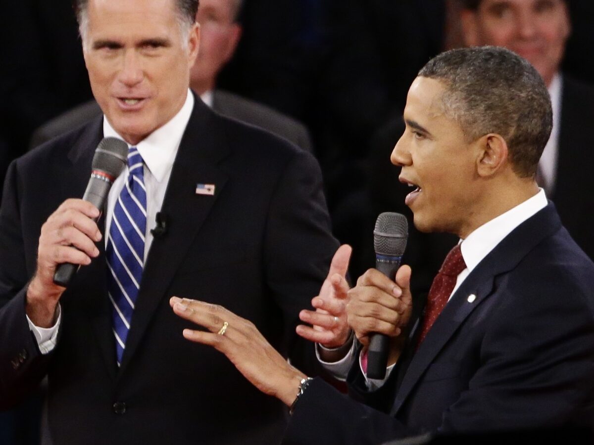 President Barack Obama and Republican presidential candidate and former Massachusetts Gov. Mitt Romney speak during the second presidential debate at Hofstra University in Hempstead, N.Y., Tuesday, Oct. 16, 2012. (AP Photo/Charles Dharapak)