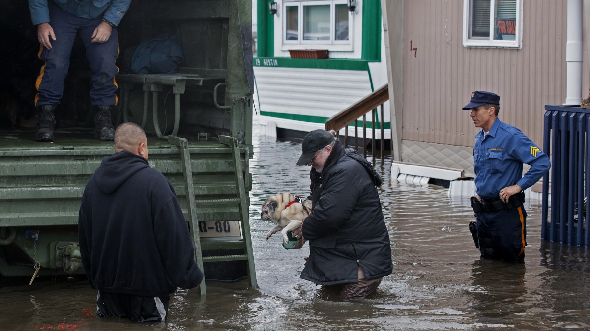 With the aid of New Jersey State police, a man walks with his dog to a National Guard vehicle after leaving his flooded home at the Metropolitan Trailer Park in Moonachie, N.J., Tuesday, Oct. 30, 2012, in the wake of superstorm Sandy. (AP Photo/Craig Ruttle)