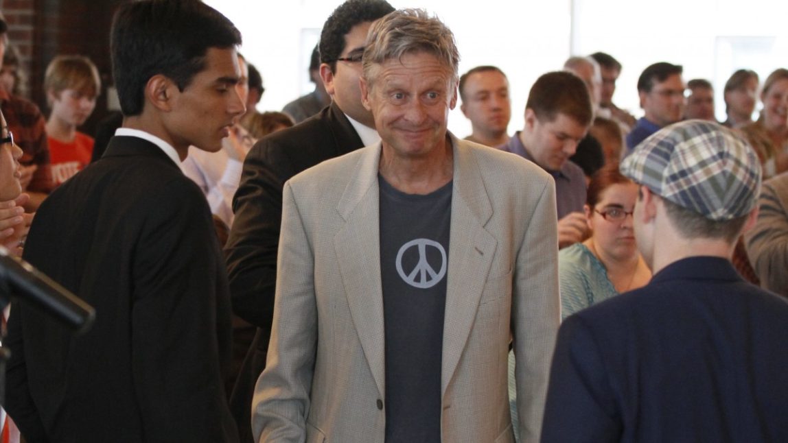 Libertarian Party presidential nominee Gary Johnson, right, greets students at Macalester College in St. Paul, Minn. (AP Photo/Jim Mone)