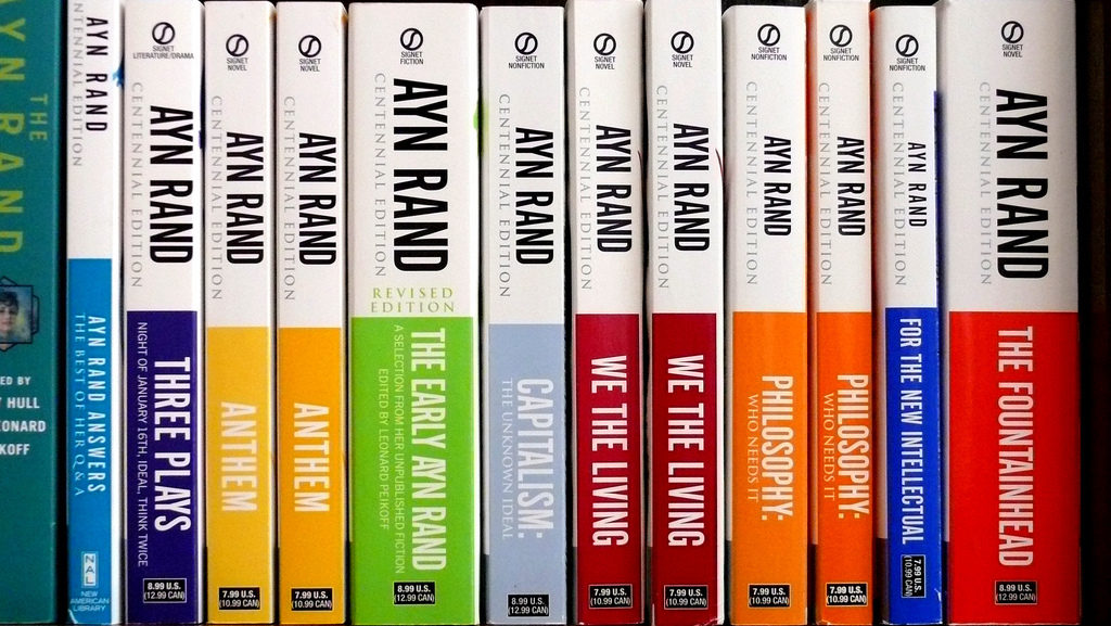 A collection of Ayn Rand novels line a shelf on August 23, 2008. (Photo by david__jones via Flikr)