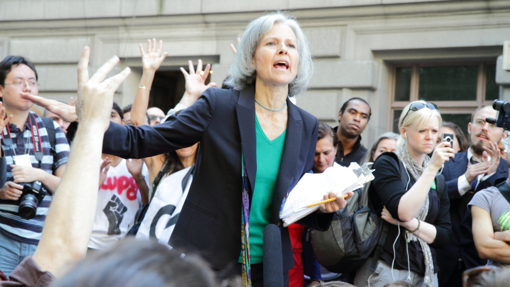 Jill Stein, Green Party presidential candidate, speaking at a Occupy Wall Street demonstration on Bowling Green in New York. (Photo by Paul Stein via Flikr)
