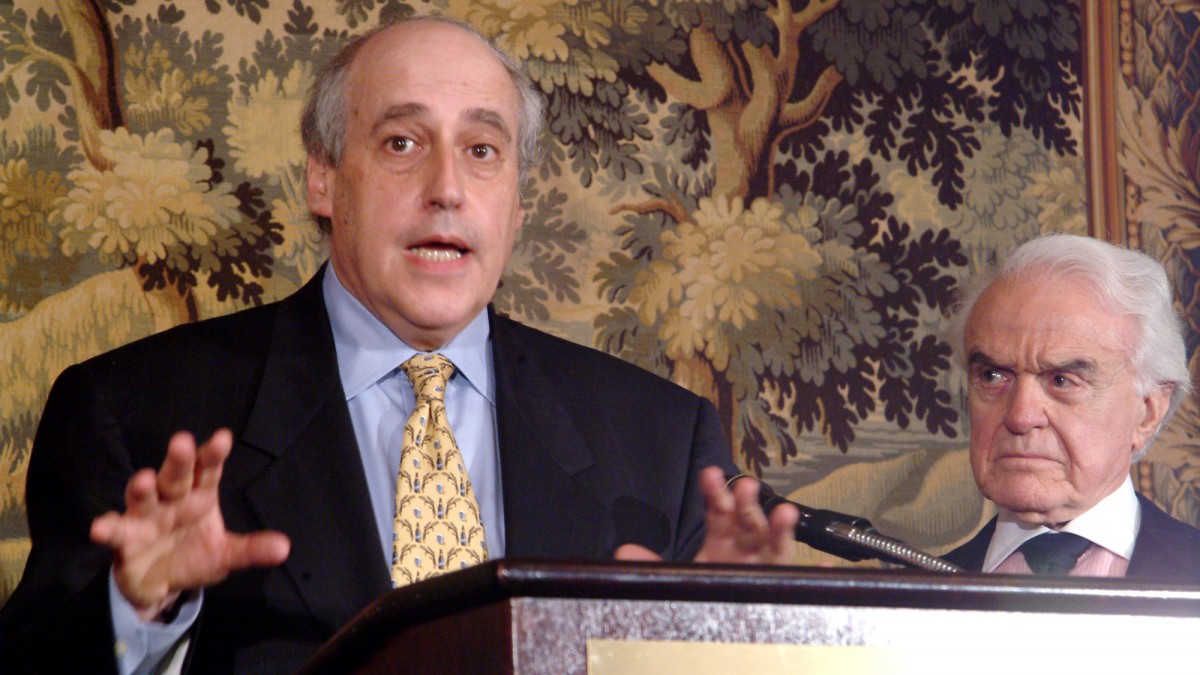 Jack Valenti, right, outgoing head of the Motion Picture Association of America, looks on as his successor Dan Glickman meets reporters during a Washington news conference, Thursday, July 1, 2004. Glickman, 59, has lobbied on behalf of The Walt Disney Co. and his son is a successful producer. (AP Photo/Lauren Burke)