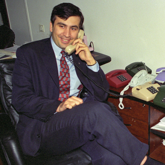 The young Georgian MP Mikheil Saakashvili speaking on one of his nearly a dozen telephones. (Photo Norbert Schiller/MintPress News)