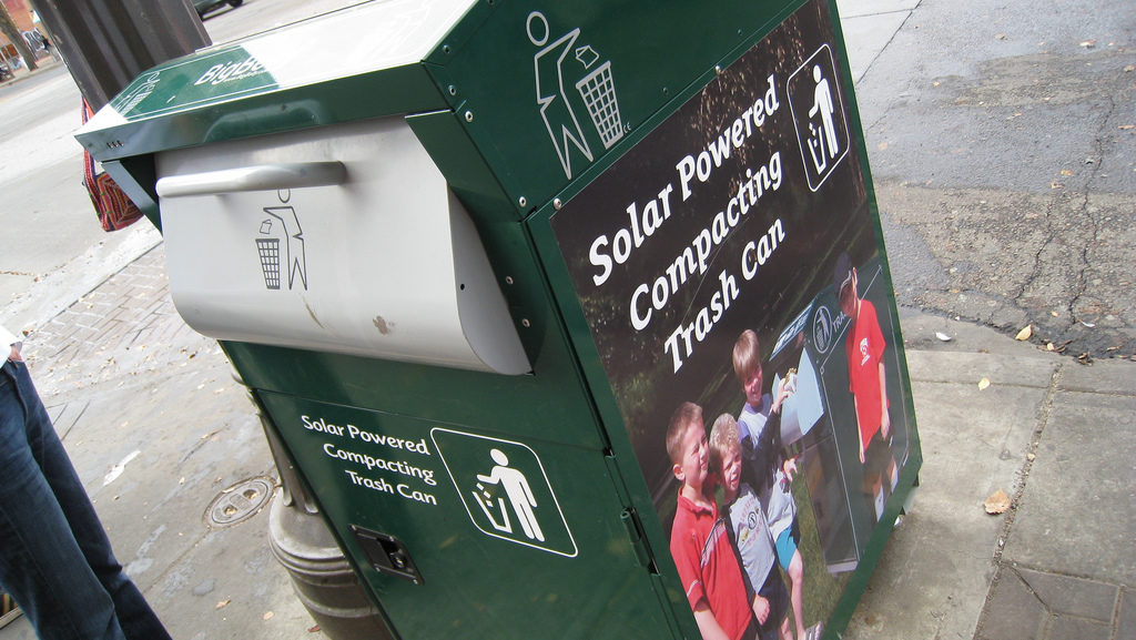 A solar powered compacting trash can is shown in this photo Oct. 4, 2008. (Photo by Mack Male via Flikr)