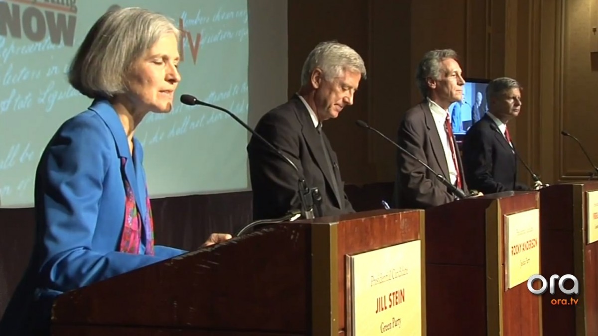 Screen shot of 2012 third party presidential debate aired on Ora TV Tuesday, October 23, 2012. From left, Green Party candidate Jill Stein, Justice Party candidate Rocky Anderson, Constitution Party candidate Virgil Goode, and Libertarian Party candidate Gary Johnson.