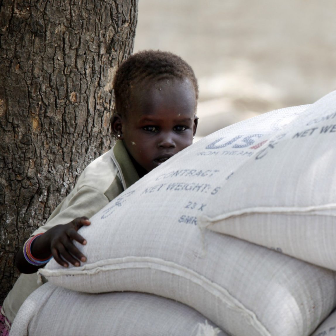 A young Sudanese girl grabs onto one of 60 bags of sorghum for sale donated by USAID and distributed by the World Food Program in Akobo, southern Sudan, Thursday April 8, 2010. (AP Photo/Jerome Delay)