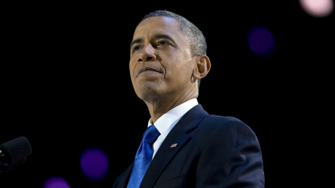 President Barack Obama pauses as he speaks at the election night party at McCormick Place, Wednesday, Nov. 7, 2012, in Chicago. (AP Photo/Carolyn Kaster)