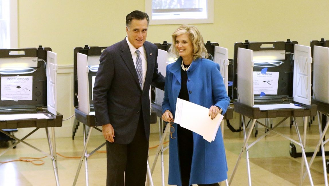 Republican presidential candidate, former Massachusetts Gov. Mitt Romney and wife Ann Romney vote in Belmont, Mass., Tuesday, Nov. 6, 2012. (AP Photo/Charles Dharapak)
