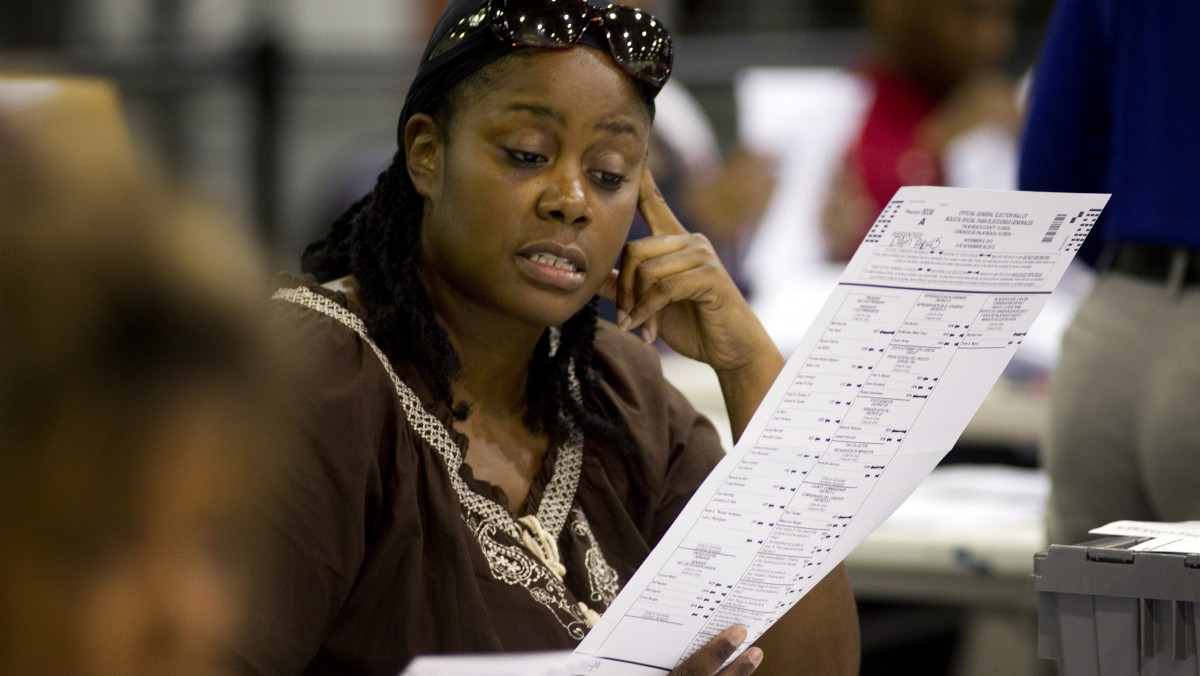 This Oct. 23, 2012 photo shows a county election worker checking an absentee ballot at the Post Beach county election board office in Riviera Beach, Fla. (AP Photo/J Pat Carter)