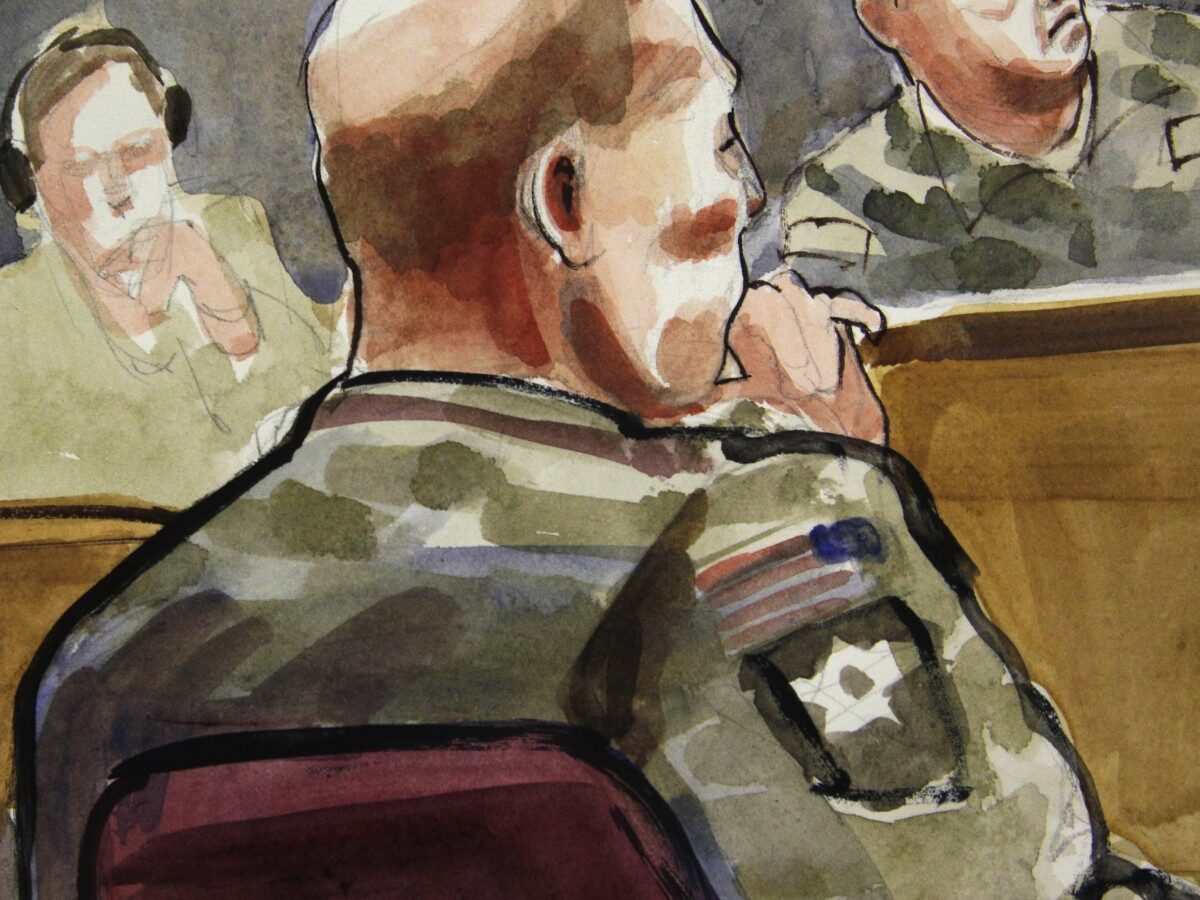 In this detail of a courtroom sketch, U.S. Army Staff Sgt. Robert Bales, seated at front-right, listens Monday, Nov. 5, 2012, during a preliminary hearing in a military courtroom at Joint Base Lewis McChord in Washington state. (AP Photo/Lois Silver)