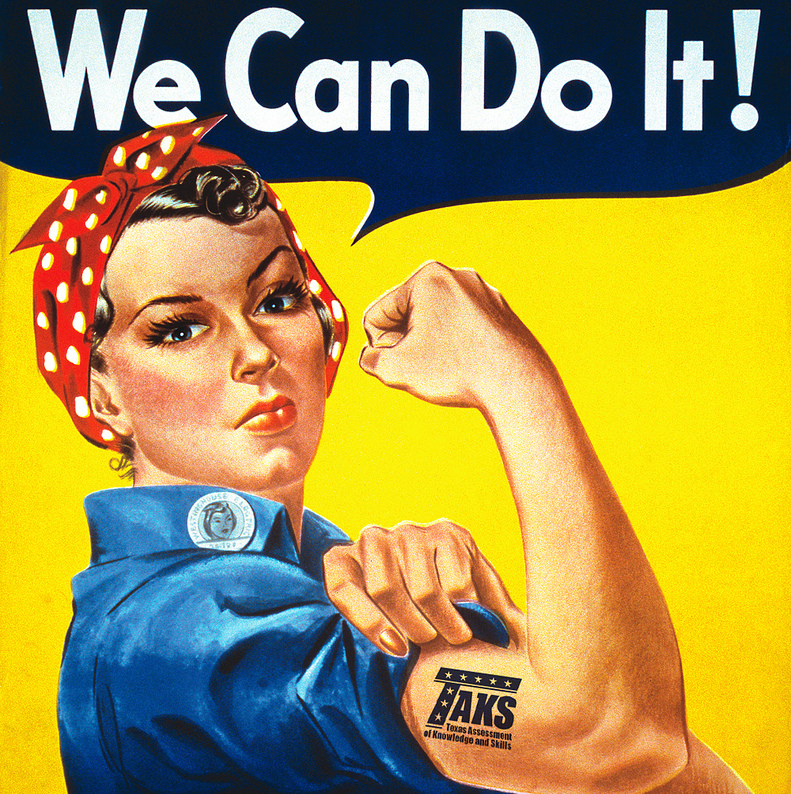 "We Can Do It!" poster for Westinghouse, closely associated with Rosie the Riveter, although not a depiction of the cultural icon itself. Pictured Geraldine Doyle (1924-2010), at age 17. (Photo by J. Howard Miller)