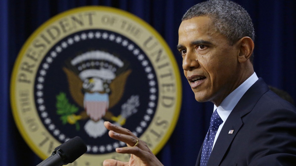 President Barack Obama gestures as he speaks about the fiscal cliff, Monday, Dec. 31, 2012, in the South Court Auditorium at the White House in Washington. (AP Photo/Charles Dharapak)