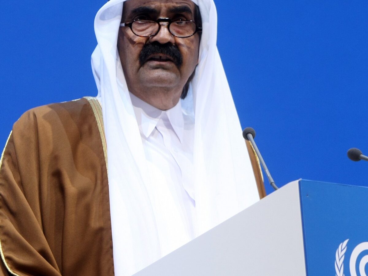 Qatari Emir, Sheikh Hamad bin Khalifa Al-Thani addresses the opening of the high-level segment of the annual U.N. climate talks in Doha, Qatar, Tuesday, Dec. 4, 2012. (AP Photo/Osama Faisal)