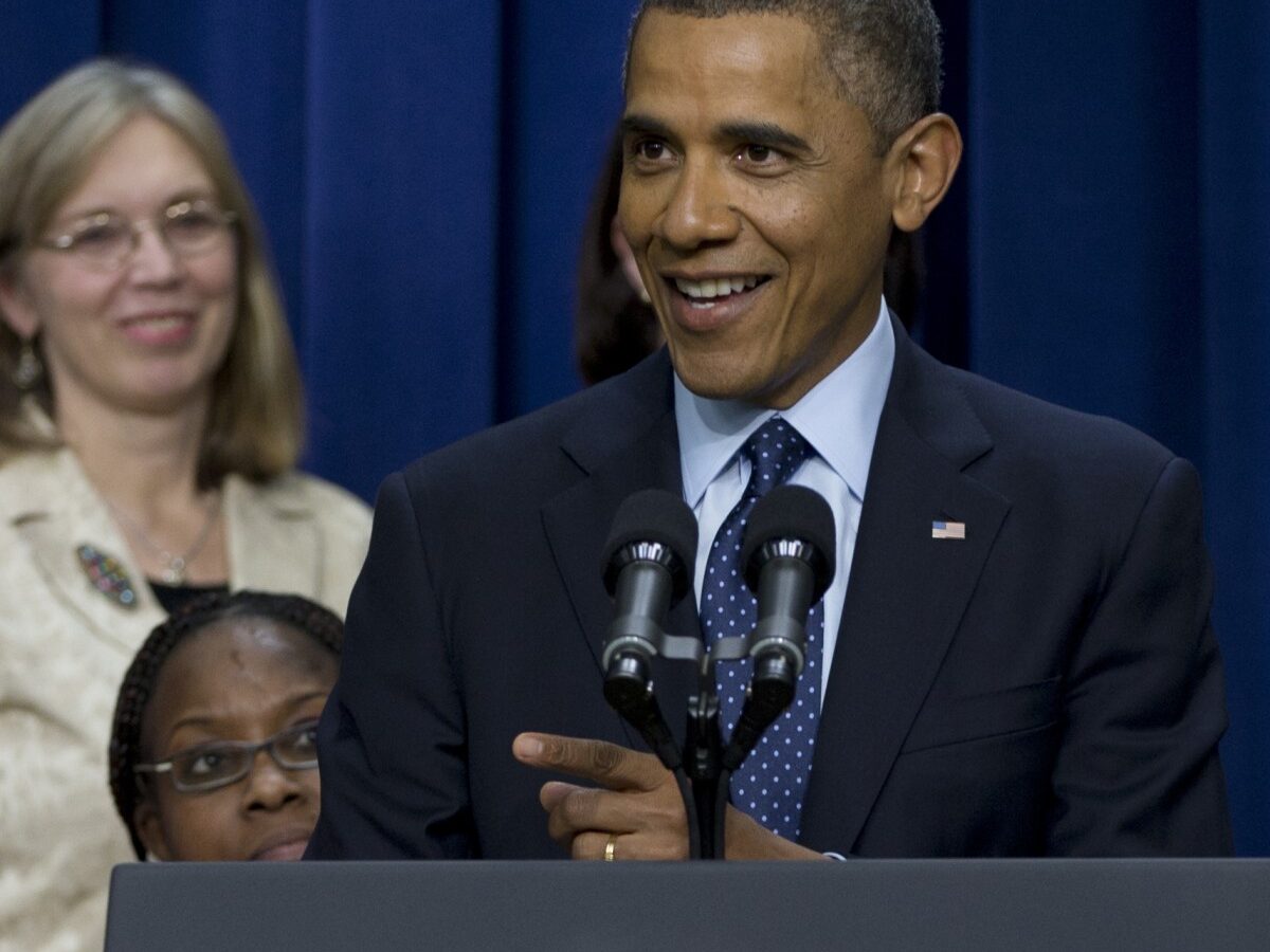President Barack Obama smiles and gestures as he speaks about the fiscal cliff, Monday, Dec. 31, 2012, in the South Court Auditorium at the White House in Washington. (AP Photo/Carolyn Kaster)