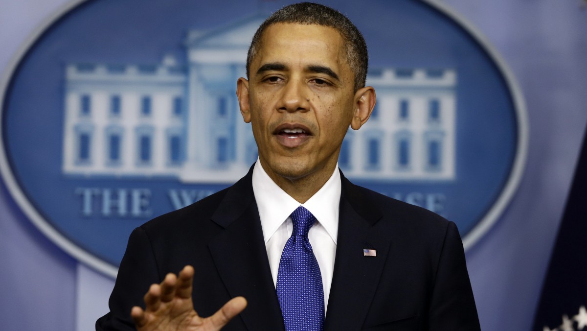 President Barack Obama speaks to reporters about the fiscal cliff in the Brady Press Briefing Room at the White House in Washington, Friday, Dec. 21, 2012. (AP Photo/Charles Dharapak)