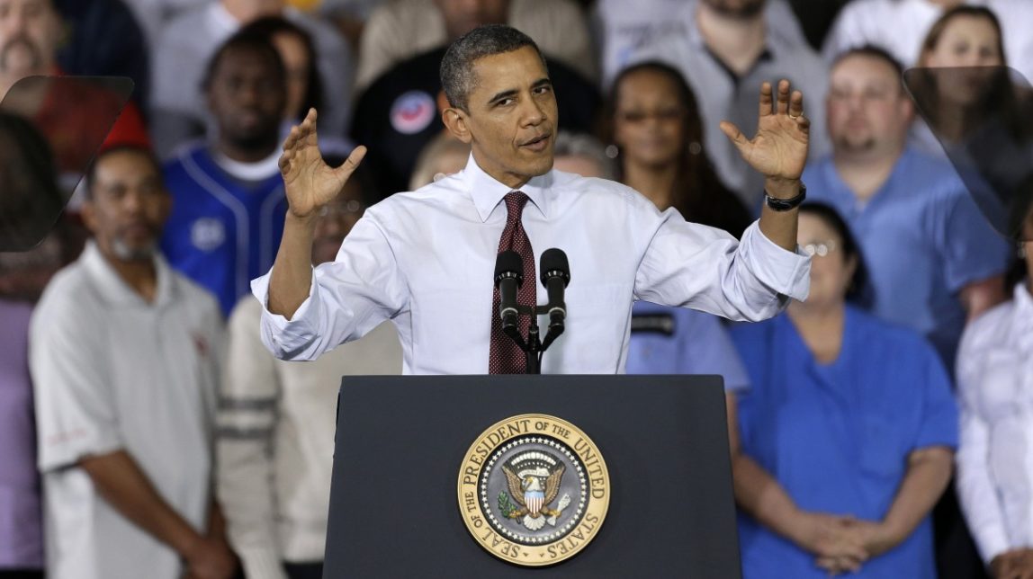 President Barack Obama gestures as he speaks to workers about the economy during a visit to Daimler Detroit Diesel in Redford, Mich., Monday, Dec. 10, 2012. (AP Photo/Paul Sancya)