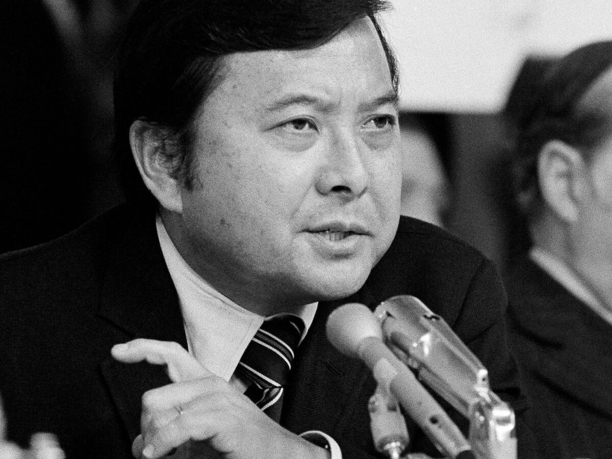 In this May 19, 1973 file photo, Sen. Daniel K. Inouye, D-Hawaii, a member of the Watergate investigating committee, questions witness James McCord during the hearing on Capitol Hill in Washington, as John M. Montoya, Democrat of New Mexico, is at right. (AP Photo/File)