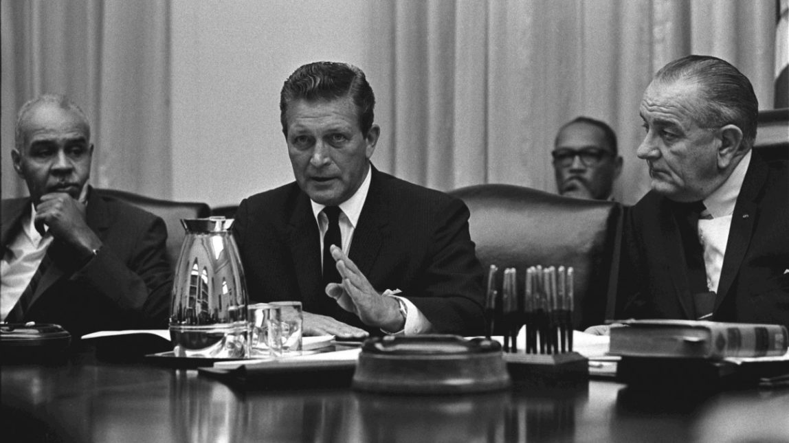 Governor of Illinois Otto Kerner, Jr., meeting with Roy Wilkins (left) and President Lyndon Johnson (right) in the White House, July 29, 1967. (Photo from Yoichi Okamoto via Wikimedia Commons)