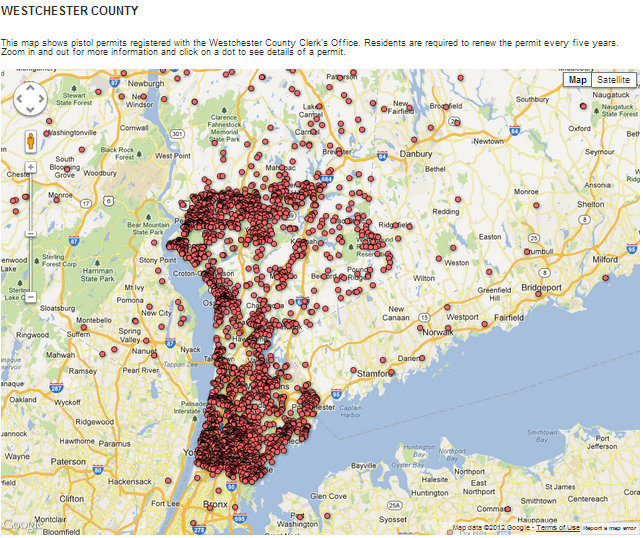 Screenshot of the map showing pistol permits registered in Westchester County, N.Y. published by lohud.com.