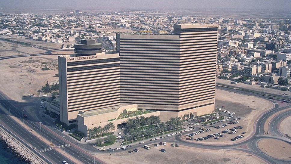 A close up of the Hyatt Regency Hotel in Dubai in December 1987 shorty after it opened. At the time the Hyatt was the newest and most modern hotel in the entire Middle East. (Photo Norbert Schiller)