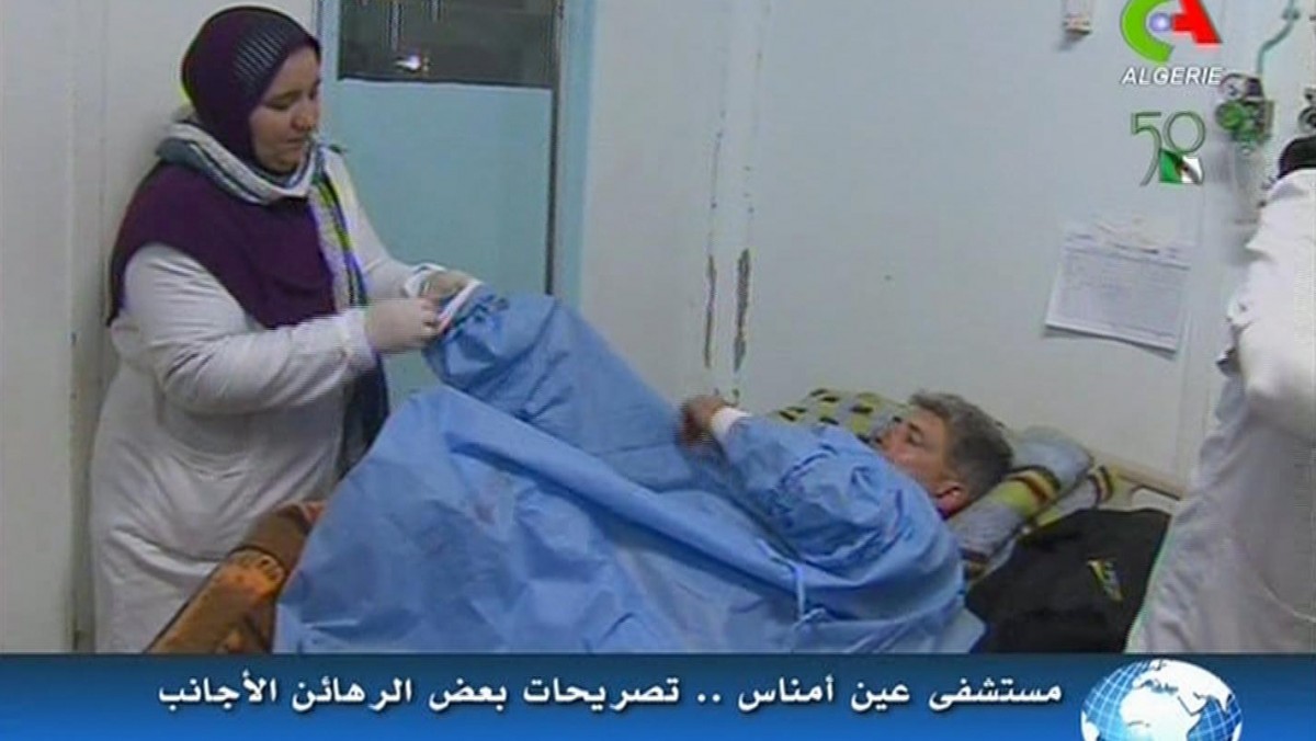 An unidentified rescued hostage receives treatment in a hospital in Ain Amenas, Algeria, in this image taken from television Friday Jan. 18, 2013. (AP Photo/Canal Algerie via Associated Press TV)