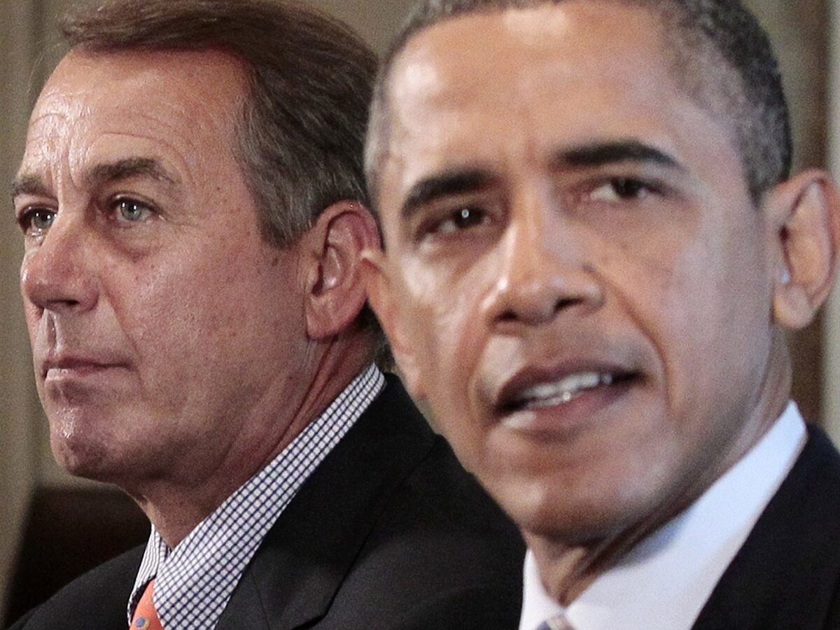 In this July 7, 2011 file photo, House Speaker John Boehner, of Ohio, listens at left as President Barack Obama speaks during a meeting with Congressional leadership to discuss the debt in the Cabinet Room of the White House in Washington. (AP Photo/Pablo Martinez Monsivais, File)