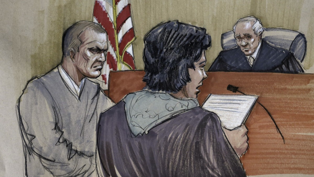 In this courtroom sketch, Linda Ragsdale, center, a Tennessee children's author who was shot during the 2008 terrorist attacks in Mumbai, India, reads an impact statement during the sentencing hearing of David Coleman Headley, 52, left, before U.S. District Judge Harry Leinenweber at federal court in Chicago, Thursday, Jan. 24, 2013. (AP Photo/Tom Gianni)