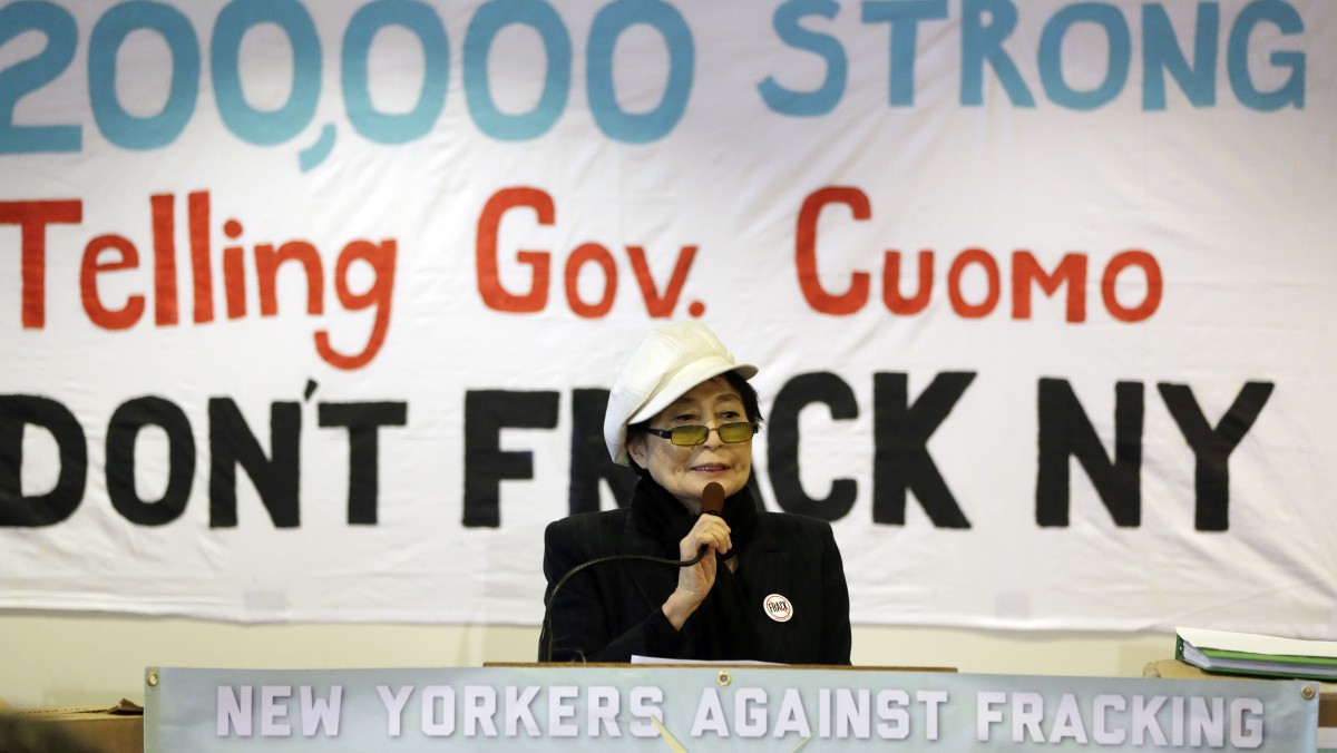 Yoko Ono speaks during a news conference opposing hydraulic fracturing on Friday, Jan. 11, 2013, in Albany, N.Y. (AP Photo/Mike Groll)