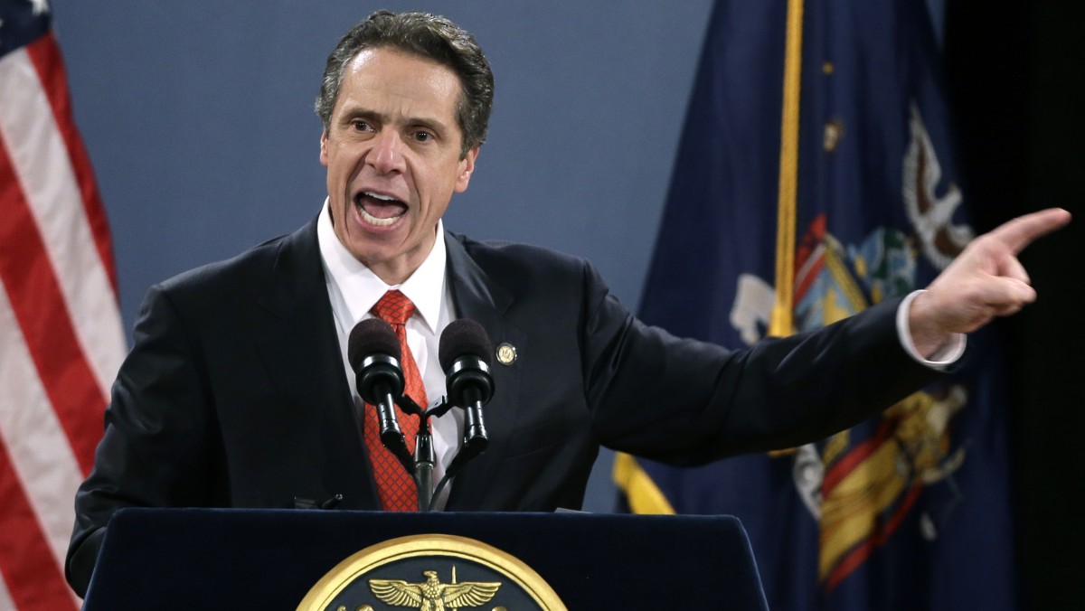 New York Gov. Andrew Cuomo delivers his third State of the State address at the Empire State Plaza Convention Center on Wednesday, Jan. 9, 2013, in Albany, N.Y. (AP Photo/Mike Groll)