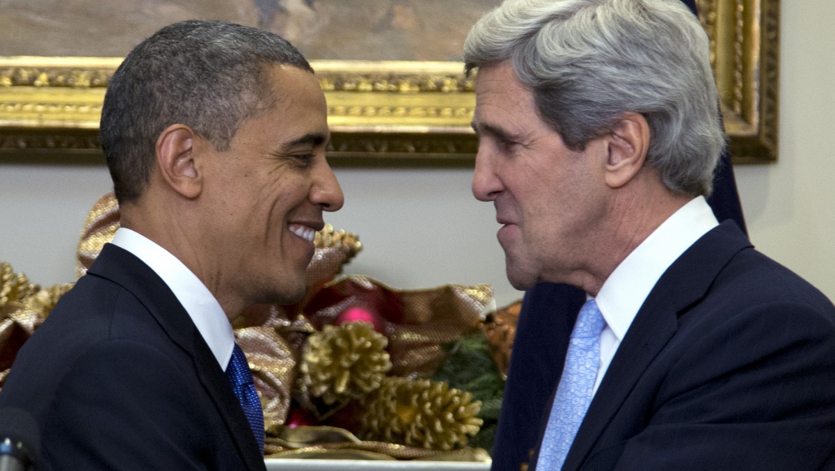 President Barack Obama looks to Sen. John Kerry, D-Mass., after announcing his nomination as the next secretary of state in the Roosevelt Room of the White House, Friday, Dec. 21, 2012, in Washington. (AP Photo/Carolyn Kaster)