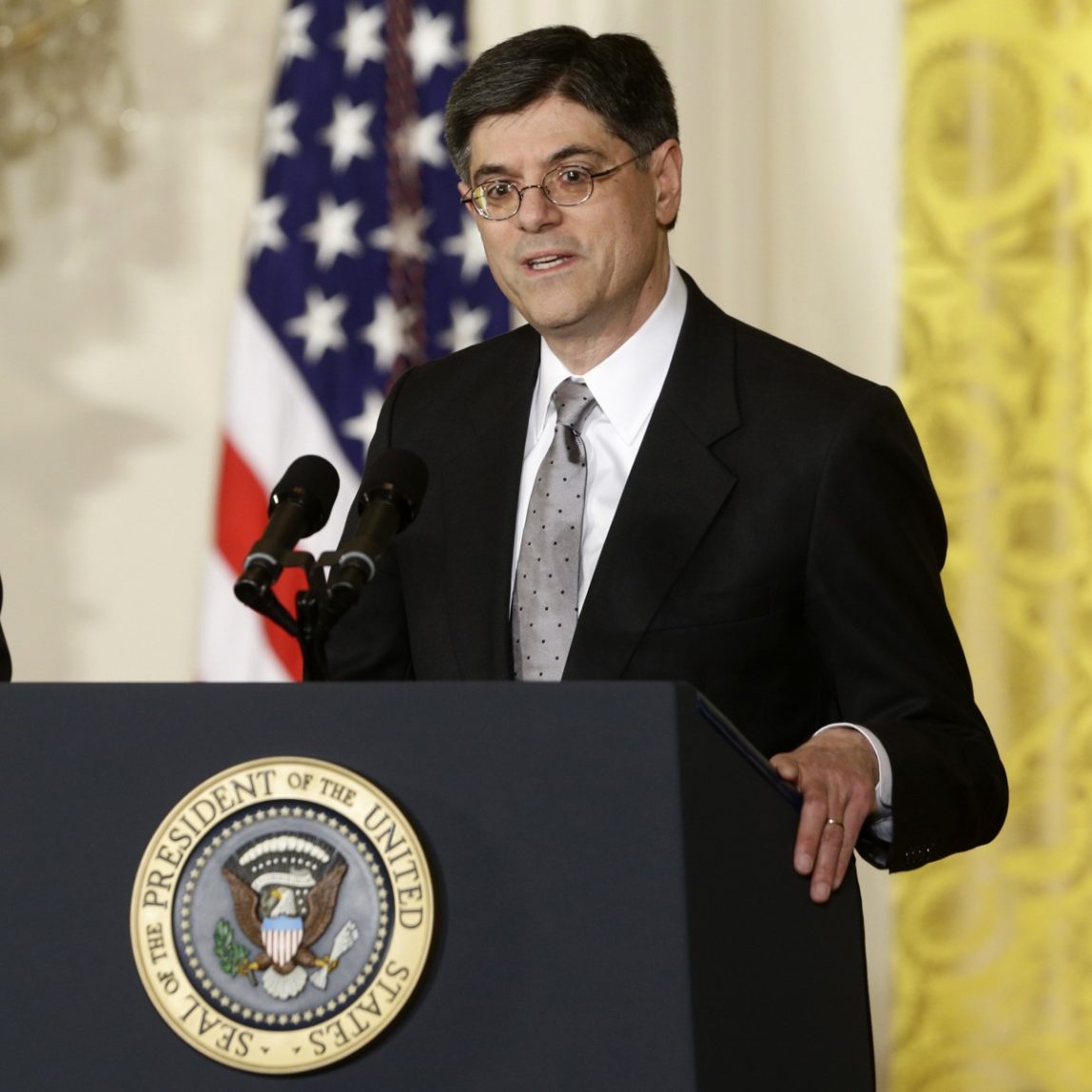 President Barack Obama listens as current White House Chief of Staff Jack Lew speaks in the East Room of the White House in Washington, Thursday, Jan. 10, 2013, where he announced he will nominate Lew as the next Treasury Secretary. (AP Photo/Charles Dharapak)