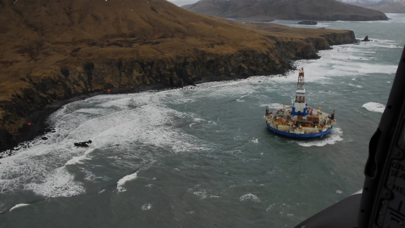 In this image provided by the U.S. Coast Guard the conical drilling unit Kulluk sits grounded near a beach 40 miles southwest of Kodiak City, Alaska, Thursday, Jan. 3, 2012. (AP Photo/U.S. Coast Guard, Petty Officer 2nd Class Zachary Painter)