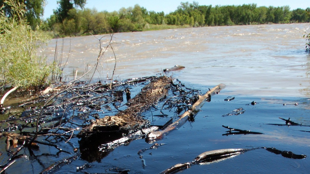This July 2, 2011 file photo shows oil from a ruptured ExxonMobil pipeline on the Yellowstone River and along its banks near Laurel, Mont. (AP Photo/Matthew Brown, File)