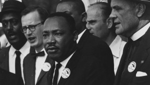 This photo shows the Civil Rights March on Washington, D.C. with Dr. Martin Luther King, Jr. and Mathew Ahmann in a crowd. (Photo from the National Archives and Records Administration)