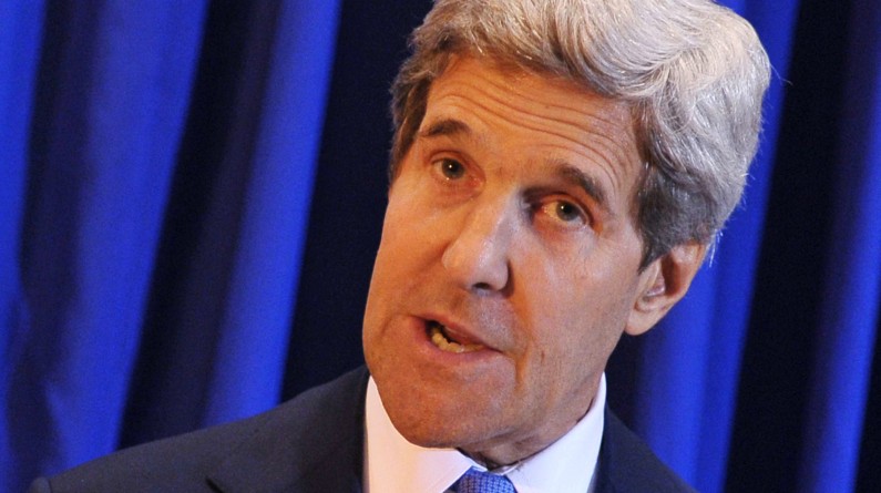 U.S. Secretary of State John Kerry speaks during a press conference at Queen Alia International Airport on Friday, July 19, 2013. Kerry says Israel and the Palestinians will meet soon in Washington to finalize an agreement on relaunching peace negotiations for the first time in five years. (AP/Mandel Ngan)