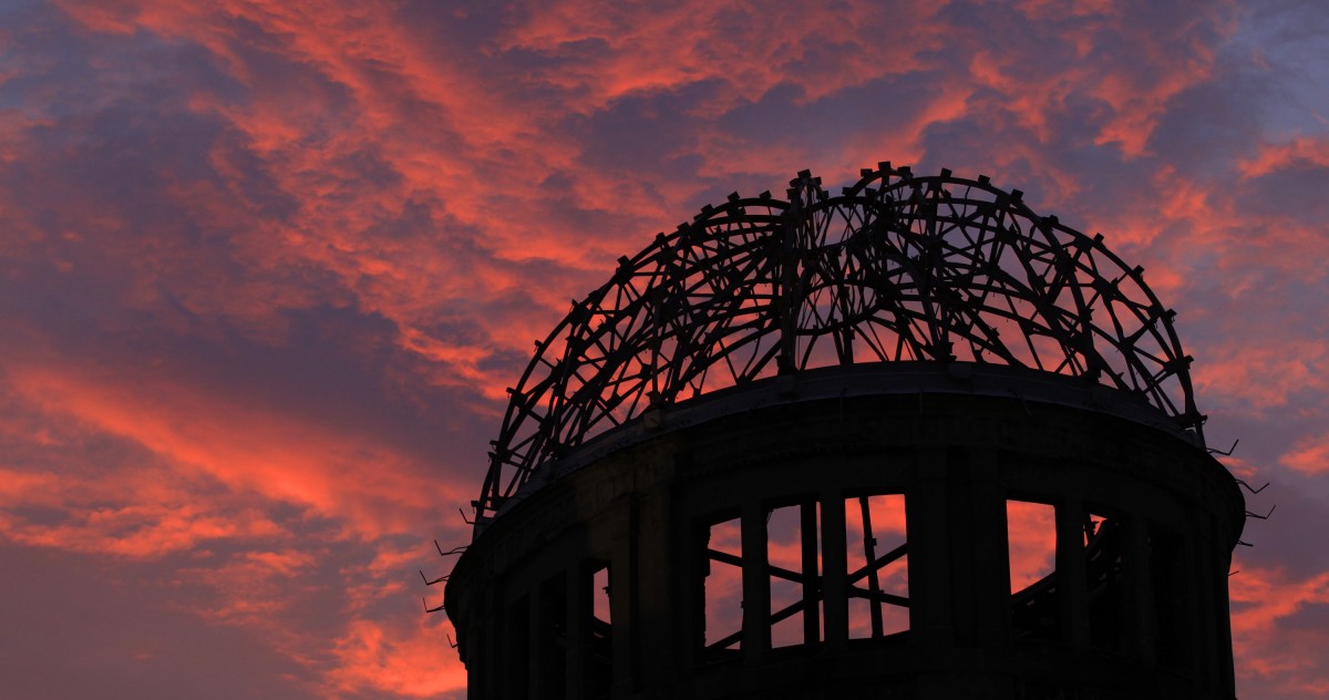 The Atomic Bomb Dome is silhouetted at sunset in Hiroshima, western Japan,  Monday, Aug. 5, 2013.  (Photo: Shizuo Kambayashi/AP)