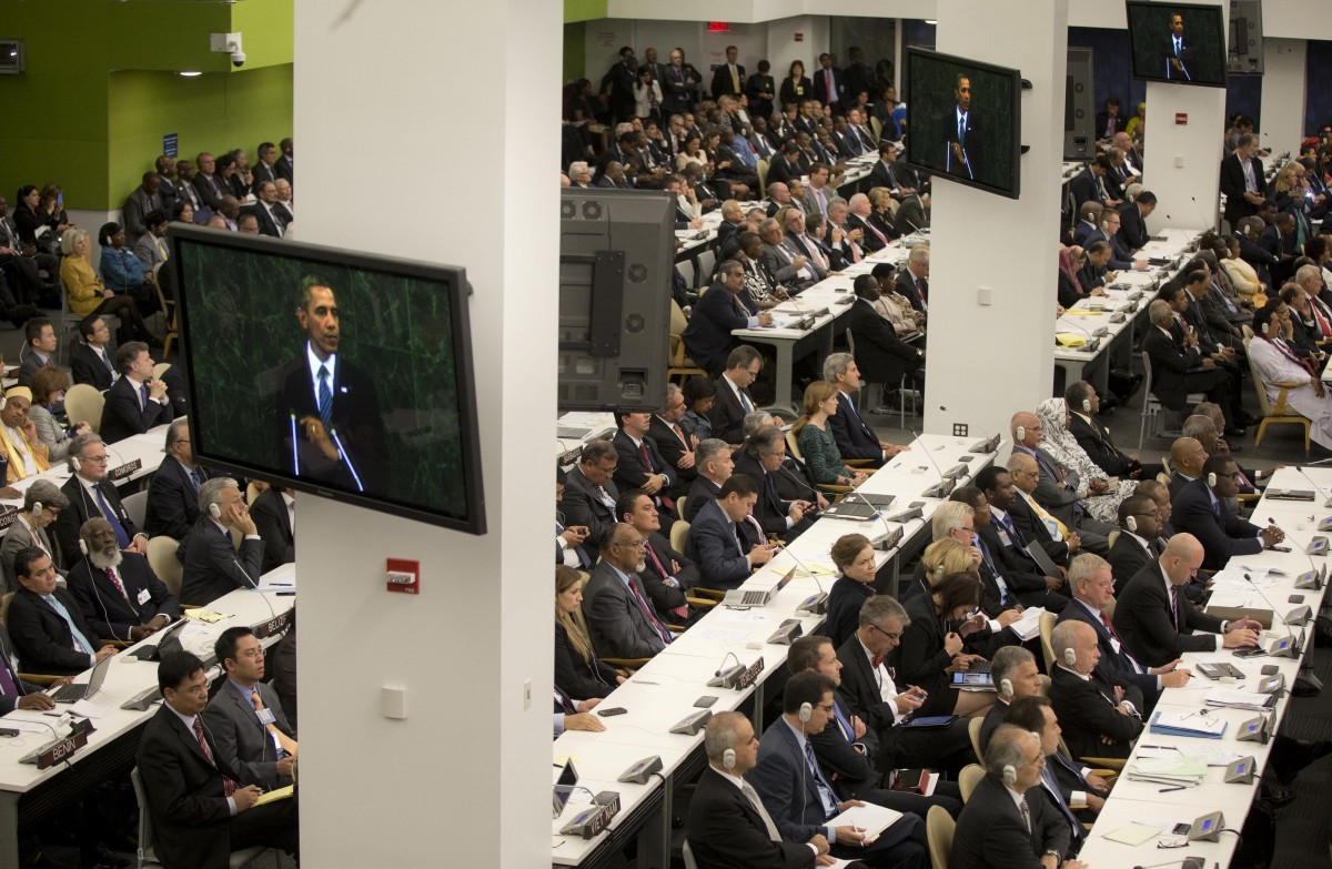 President Barack Obama is seen on television monitors as he addresses the 68th session of the United Nations General Assembly at the United Nations headquarters, Tuesday, Sept. 24, 2013. the president said the UN must enforce the ban on chemical weapons in Syria. (AP Photo/Pablo Martinez Monsivais)
