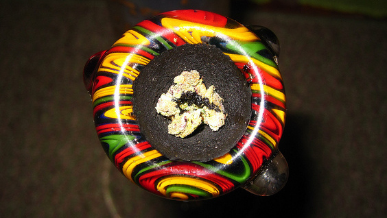 An aerial photo of a red, yellow and green glass cannabis bowl, representing the Rastafarian colors. (Photo/Tha Goodiez via Flickr)