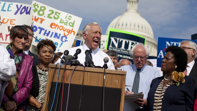 In this Oct. 4, 2013, photo, House Minority Whip Steny Hoyer of Md., center, speaks on Capitol Hill in Washington, during an event with the Democratic Progressive Caucus and furloughed federal employees blaming House Republicans on the government shutdown. From left are, Rep. Rosa DeLauro, D-Conn., Rep. Barbara Lee, D-Calif., Hoyer, Rep. Bernard Sanders and Rep. Sheila Jackson Lee, D-Texas. Republicans and Democrats have wasted little time trying to use the first federal government shutdown in a generation for political advantage ahead of next year's midterm elections, seizing on the plight of furloughed workers and shuttered government services to cast blame on each other.  (AP Photo/ Evan Vucci)