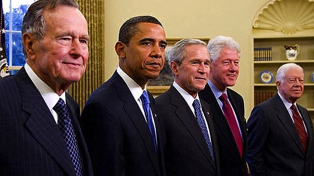 President George W. Bush (center), meets with (from left) former President George H.W. Bush, President-elect Barack Obama, and former Presidents Bill Clinton and Jimmy Carter in the Oval Office on January 7, 2009. (Photo/Beverly & Pack via Flickr)