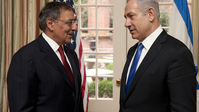 Defense Secretary Leon E. Panetta, left speaks Israeli Prime Minister Benjamin Netanyahu at Blair House, Washington, D.C., March 5, 2012. (DOD photo by U.S. Navy Petty Officer 1st Class Chad J. McNeeley via Chuck Hagel/Flickr)