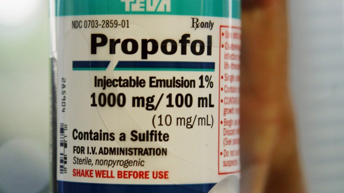 FILE - In this July 28, 2009 file photo, a bottle of the drug Propofol is seen at the Good Samaritan Hospital in Los Angeles. The same anesthetic used in the overdose death of pop star Michael Jackson is now the drug of choice for executions in Missouri, causing a stir among critics who wonder how the state can guarantee a drug untested for lethal injection won’t cause pain and suffering for the condemned.  (AP Photo/Richard Vogel, File)