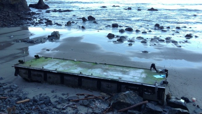 This Thursday, Jan. 3, 2013 photo provided by Olympic National Park shows a dock that washed ashore on a wilderness beach near Forks, Wash. Crews scraped off more than 400 pounds of organic material, including species native to Japan but not found in the United States. The dock is considered likely debris from the March 2011 tsunami in Japan. (AP Photo/Olympic National Park)