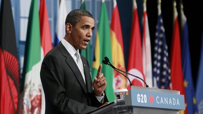 President Barack Obama of the United States speaks during his closing press conference at the G20 summit in Toronto, Sunday, June 27, 2010. (AP Photo/Charles Dharapak)
