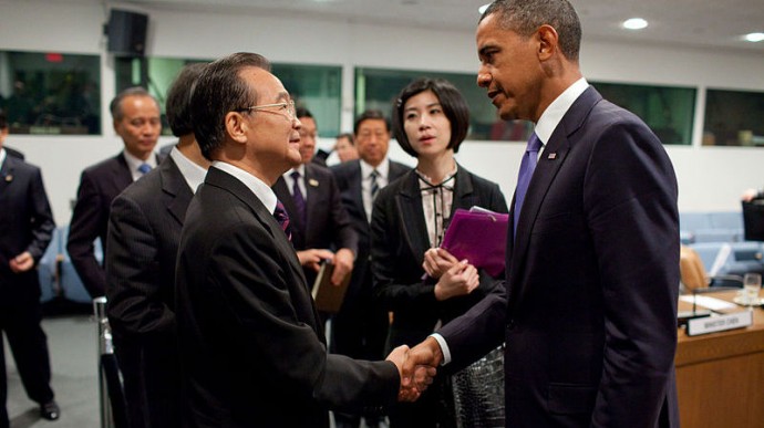 President Barack Obama greets Premier Wen Jiabao and members of the Chinese delegation after a bilateral meeting at the United Nations in New York, N.Y., Sept. 23, 2010. (Photo/Pete Souza for the White House via Wikimedia)