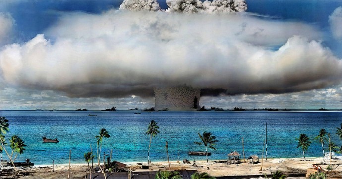 A nuclear weapon is detonated at Bikini Atoll in the Marshall Islands in 1946. (Image has been colorized.) Credit: US Government