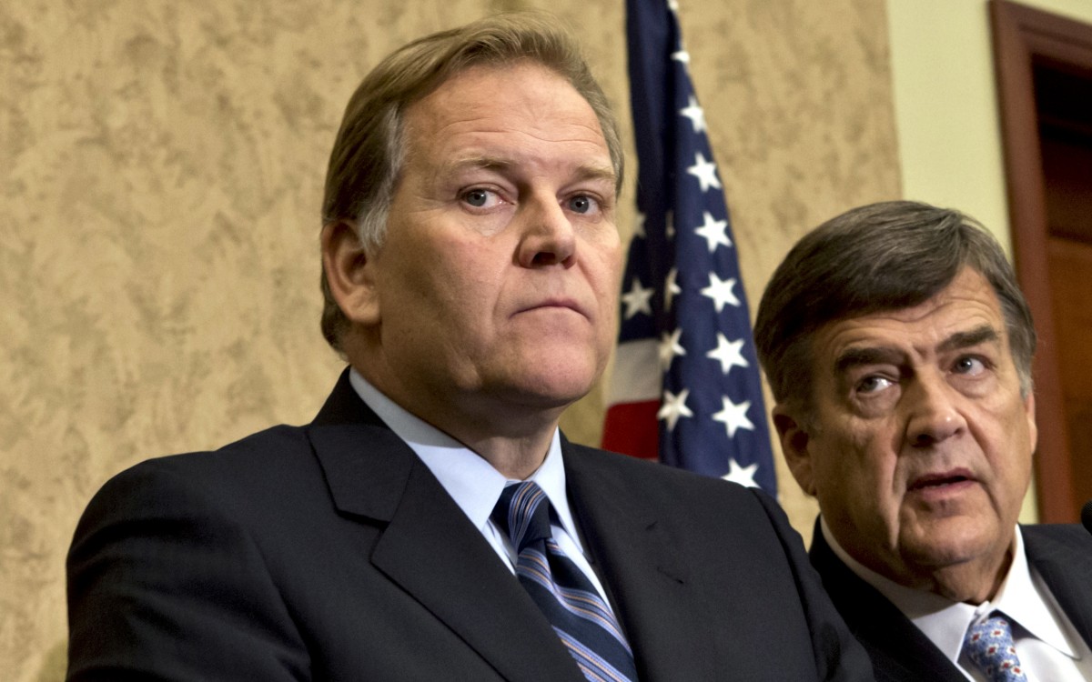 House Intelligence Committee Chairman Rep. Mike Rogers, R-Mich., left, and the committee's ranking Democrat, Rep. C.A. "Dutch" Ruppersberger, D-Md., right, the confer on Capitol Hill in Washington, Monday, Oct. 8, 2012 (AP Photo/J. Scott Applewhite)